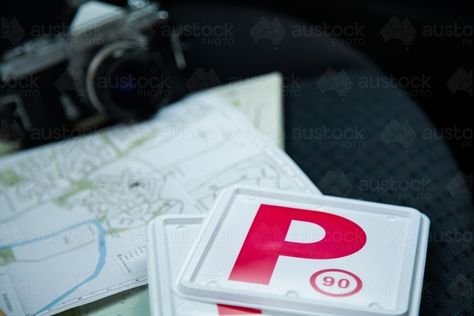 Red P plates and map on back seat of car P Plates Car, Red P Plates Driving Aesthetic, P Plates Driving Aesthetic, P Plates Driving, 2023 Vision, Big Goals, Inspo Board, Vision Boards, 2025 Vision