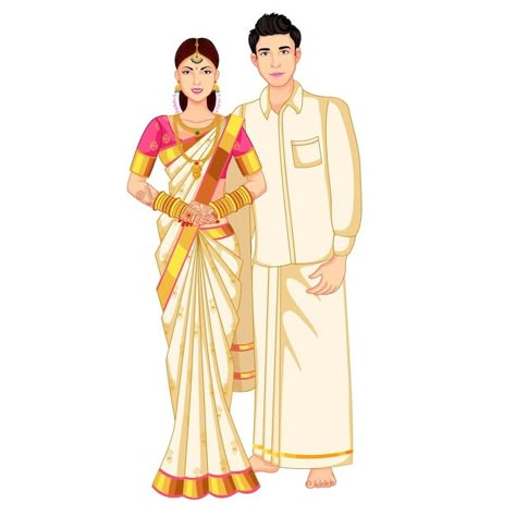 South Indian Bride Drawing, South Indian Bride Illustration, South Indian Caricature, South Indian Wedding Caricature, South Indian Couple Illustration, Indian Wedding Drawing, Dress Illustration Art, South Indian Culture, Couple Illustration Wedding