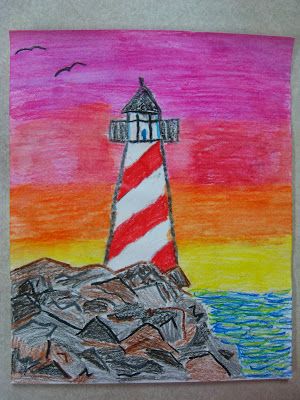 6th Grade Art, 4th Grade Art, 5th Grade Art, 3rd Grade Art, Lighthouse Art, Young Art, Art Lessons For Kids, Elementary Art Projects, Art Lessons Elementary