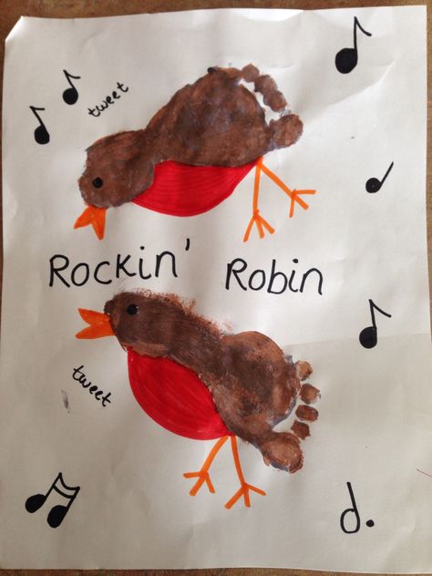 Rockin robins made from footprints to celebrate National Bird Day Jan 5th. My toddler painted her feet and had fun splatting them. We made our craft and then turned this into a little History/ dance party listening to the old Bobby Day version of Rockin Robin. This is a fun keepsake craft and I guarantee you'll get a laugh from watching your little birdie twirl. Robin Footprint Art, Bird Art For Infants, Bird Infant Art, Bird Art Toddlers, Bird Crafts For Infants, Bird Footprint Art, Birds Crafts For Toddlers, Toddler Bird Craft, Bird Art For Toddlers