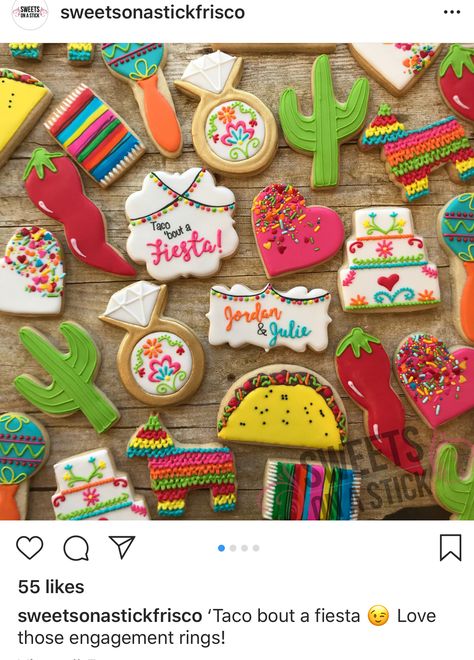 Taco Bridal Shower Cookies, Fiesta Cookies Bridal, Final Fiesta Cookies Decorated, Fiesta Theme Party Cookies, Cinco De Mayo Cookie Ideas, Mexican Royal Icing Cookies, Fiesta Cookies Decorated Birthday, Fiesta Wedding Shower Cookies, Fiesta Royal Icing Cookies