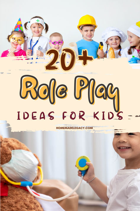 Role playing is a fun and engaging activity that helps children to explore different situations, real-life experiences, and imaginary scenarios.  Whether they are acting out real world jobs or creating fantastical worlds, role playing provides valuable opportunities for learning and self-expression.  Here are over 20 engaging role play ideas for kids.  #roleplayforkids #kidsactivities #learningthroughplay Role Play For Preschoolers, Roleplay Activities For Preschool, Role Play Activities For Toddlers, Imaginary Play Ideas, Role Play Ideas For Kids, Imaginary Scenarios, Playing Ideas, Role Play Ideas, Kids Role Play