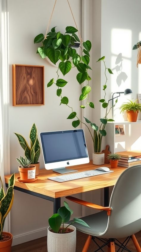 Create a calming olive green home office by pairing muted green walls with white furniture and natural wood accents for a serene workspace. Office With No Natural Light, Green Office Ideas, Neutral Office Decor, Simple Home Office Ideas, Office Decor Plants, Minimalist Desk Decor, Minimalist Office Decor, Simple Office Decor, Green Home Office