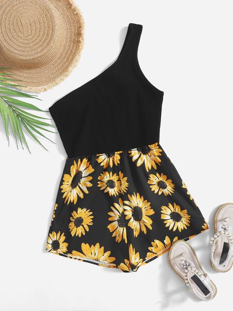 Multicolor Boho  Sleeveless Cotton Floral Other  Slight Stretch Summer Girls Clothing Sleeveless Romper Jumpsuits, Comfy Jumpsuits, Summer Outfits Kids, Blouse Casual, Sunflower Print, Style Noir, Really Cute Outfits, Printed Rompers, Pajama Sets