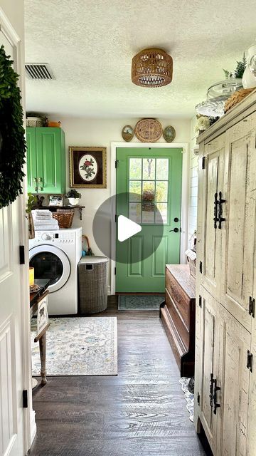 Trisha Hiatt ~ French Country Decor~ Seasonal Decor on Instagram: "What I love about my cottage mudroom/laundry room: 
1. It used to be my grandparents’ master bathroom! 
2. There was no laundry room inside this house. The washer and dryer were in our detached garage. 
3. My Dad and I built the shelves above the sink. 
4. Aaron and I built the shelf on the shiplap wall. 
5. My Dad and Aaron installed the shiplap a few years ago. I love it so much still! 
6. A couple weeks after Aaron and I got married we “crackle” painted the antique cream cabinet to make it look old. It serves as our pantry!! 
7. The antique storage bench holds old scrapbooks, photo albums, and Aaron’s childhood memorabilia. It was the top of a piano in a saloon and has a bullet hole in the back from all the crazy old fas Cottage Mudroom, Cream Cabinet, Antique Storage, Bullet Hole, Mudroom Laundry, Relaxing Sunday, Thrifted Decor, Thrifted Home, My French Country Home