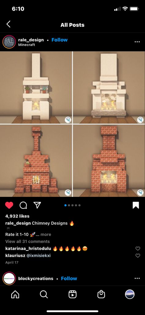 Brick Fireplace Minecraft, Minecraft Brick Fireplace, Minecraft Modern Fireplace, Chimney Ideas Minecraft, Minecraft Chimney Design, Fireplace Design Minecraft, Chimney Minecraft Ideas, How To Make A Chimney In Minecraft, Minecraft Chimney