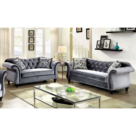 Furniture of America Ileyna 2 Piece Sofa Set Gray Black Sofa Set, Nailhead Trim Sofa, Glam Sofas, Nailhead Sofa, Remodel House, Lavender Decor, Glam Living, Sofa And Loveseat Set, 3 Piece Sofa