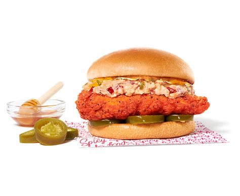 Honey Pepper Pimento Spicy Chicken Sandwich | Chick-fil-A Spicy Breaded Chicken, Spicy Chicken Sandwich, Sandwich Video, Easter Food Appetizers, Spicy Chicken Sandwiches, Breaded Chicken Breast, Spicy Honey, Sweet Heat, Pimento Cheese