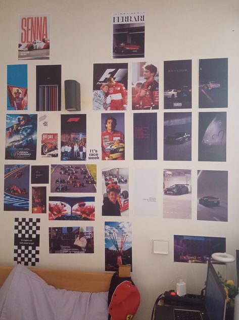 Car Bedroom Aesthetic, F1 Inspired Room, F1 Room Decor Ideas, F1 Themed Room, Formula 1 Decor, F1 Room Ideas, F1 Bedroom Ideas, Formula 1 Bedroom, Formula 1 Room