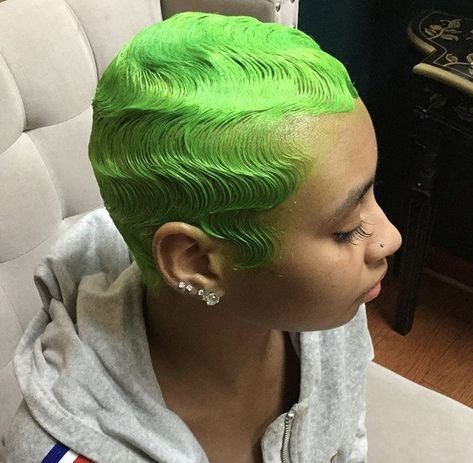 Green Finger Waves Convention Cosplay, Shaved Head Designs, Finger Waves Short Hair, Short Hair Designs, Finger Wave Hair, Short Shaved Hairstyles, Natural Hair Short Cuts, Short Sassy Hair, Finger Waves