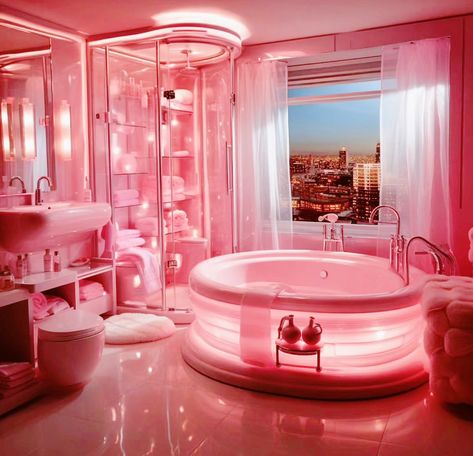 #Barbienation #pinkbathroom #Retrobarbie #luxurybarbie Pink Barbie Bathroom, Hot Pink House Decor, Pink Hotel Aesthetic, Barbie Themed Bathroom, Barbiecore Bathroom, Barbie Bathroom Decor, Bathroom Pink Aesthetic, Pink Barbie Room, Barbie Room Aesthetic