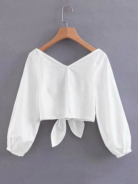 Tie Back Solid Crop Top | SHEIN Solid Crop Top, Latest Crop Tops, Blouse Tops Designs, Cotton Blouse Design, Girls Dresses Sewing, Simple Kurta Designs, Crop Top Designs, Stitching Dresses, Girls Crop Tops