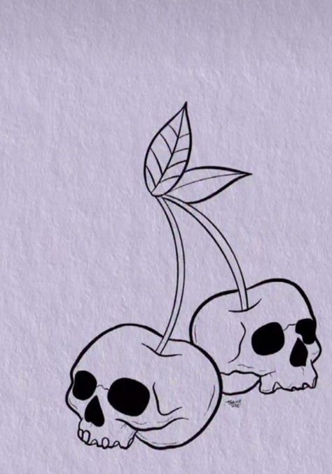 Cherry Skull Drawing, Skull Cherry Tattoo Simple, Simple Tattoo Drawings Ideas, Goth Cherry Tattoo, Goth Skull Tattoo, Dark Tattoo Stencil, Goth Tattoo Ideas Creepy Cute, Goth Tattoo Stencil, Grunge Tattoo Ideas Drawings