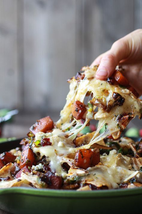 Cranberry, Butternut and Brussels Sprout Brie Skillet Nachos from Halfbaked Harvest Skillet Nachos, Best Thanksgiving Appetizers, Fatty Foods, Brussels Sprout, Gourmet Dinner, Half Baked, Thanksgiving Appetizers, Half Baked Harvest, Fall Food