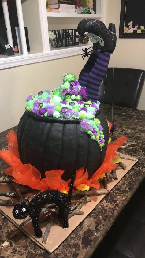 Witch Brew Pumpkin Decorating, Pumpkin Painting Ideas Rainbow, Butterfly Pumpkin Decorating, Cauldron Painted Pumpkin, Pumpkin Decorating Caldron, Creative Pumpkin Ideas For Contest, Cauldron Pumpkin Painting, Witches Cauldron Pumpkin Decorating, Soccer Pumpkin Painting