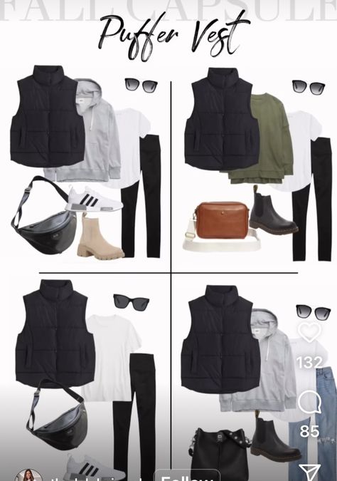 Calgary Fall Outfits, Winter Athleisure Outfits Midsize, Sport Vest Outfits For Women, Field Trip Outfit Winter, Black Puffer Vest Outfits For Women Fall, Outfits With A Black Vest, Casual Sports Mom Outfits, What To Wear When It’s Cold, Iceland Outfits Winter