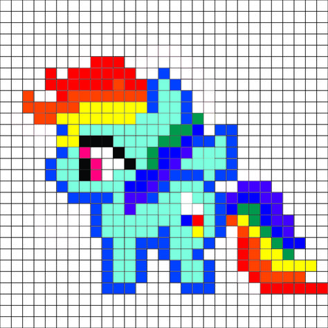 My Little Pony - Rainbow Dash pattern - by me, I am not sure why, but the upload seems to have changed the colors. Rainbow dash should be a light blue not a greenish color. For a free and better color, printable version go to lovinglifedesigns.blogspot.com Grille Pixel Art, Pixel Art Minecraft, Dash Pattern, Easy Perler Beads Ideas, Art Perle, Easy Pixel Art, Pony Bead Patterns, Pixel Art Templates, Hama Beads Design