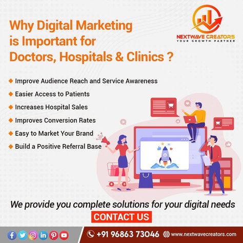 Are you a Doctor and searching for Digital Marketing Services for your Hospitals or Clinics? We at Nextwave Creators help your Hospitals or Clinics to increase patients through Digital Marketing Strategies. To Know more information about digital marketing and how we can improve the digital presence of your Hospital, Clinic Follow us at @nextwavecreator 📱 +91 9686373046 🌐 www.nextwavecreators.com Hospital Clinic, Hospital Marketing, Digital Marketing Design, Doctors Day, Digital Marketing Strategies, Medical Practice, Creative Poster Design, Conversion Rate, Creative Posters