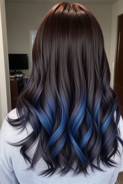 hair color ideas for brunettes Subtle Blue Highlights In Brown Hair, Long Hair Dye Ideas Coloring, Blue Ends On Brown Hair, Blue Hair Tips Brown, Brunette Blue Highlights, Blue Hair Dye Ideas For Brunettes, Black Hair With Blue Ends, Cute Hair Dye Ideas For Brunettes, Blue Hair Dye On Brown Hair