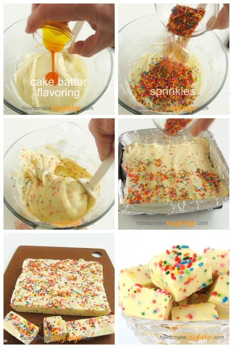 This Cake Batter Funfetti Fudge loaded with rainbow sprinkles makes the perfect treat for a birthday party or any festive celebration. This fudge is velvety smooth and tastes like you are biting into a slice of creamy yellow cake. Recipe at HowToMakeEasyFudge.com. #fudge #funfetti #sprinkles Funfetti Fudge, Diy Dessert Recipes, Funfetti Sprinkles, Vanilla Fudge Recipes, Birthday Cake Fudge, Slice Of Birthday Cake, Cake Batter Fudge, Dunkin Donuts Iced Coffee, Easy Fudge