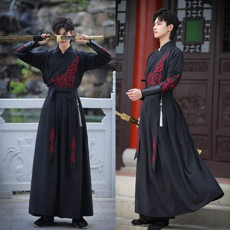 Asian Robes Men, Historical Chinese Clothing Men, Black And Red Hanfu Men, Traditional Chinese Clothing Male, Kimono Male, Traditional Japanese Clothing Male, Japanese Kimono Male, Male Hanfu, Chinese Kimono