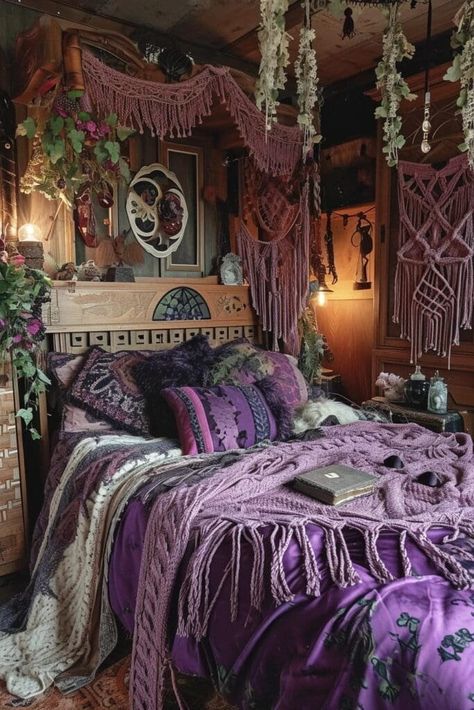 Dark Purple Bedding Aesthetic, Witch Themed Bedroom, Green Witchy Bedroom, Whimsygoth Bedroom Ideas, Purple Whimsigoth Bedroom, Dark Purple Walls Bedroom, Whimsigoth Decor Aesthetic, Whimsical Goth Bedroom, Witch Bedroom Ideas