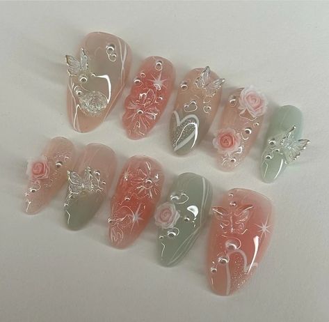 Ombre Pink Green Butterfly Nails /custom Press on Nails/ Hand Made Press on Nails/faux Acrylic Nails/ Gel Nails/press on Nail - Etsy Green Butterfly Nails, Custom Press On Nails, Nails Gel Nails, Butterfly Nails, Ombre Pink, Girly Acrylic Nails, Pretty Gel Nails, Really Cute Nails, Soft Nails