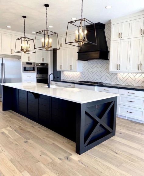 Kitchen With Black Accents Modern, Modern Kitchen With Black Accents, Black Accent Kitchen Cabinets, White And Black Kitchen With Island, Barndominium Kitchen Black, Island Lighting White Kitchen, Modern Home With Black Accents, Serene Kitchen Ideas, Modern Kitchen Black Accents