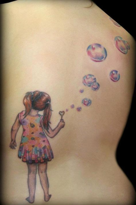 Little girl and bubbles tattoo. @Bethany Shoda Shoda Deguio  that is soooo sweet! Blowing Bubbles Tattoo, Tattoo Bubbles, Cute Dragon Tattoo, Small Fish Tattoos, Bubble Tattoo, Small Sister Tattoos, Tattoo Design For Hand, Butterfly Wrist Tattoo, Blue Bubbles