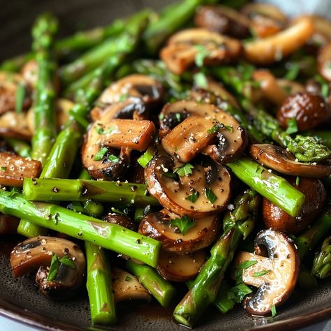 ndulge in a flavorful culinary adventure with our enticing recipe for Sautéed Asparagus and Mushrooms. This dish combines the earthy richness of mushrooms with the vibrant freshness of asparagus Mushroom Asparagus, Easy Asparagus Recipes, Saute Asparagus, Asparagus And Mushrooms, Flavorful Vegetables, Roasted Vegetable Recipes, Vegetable Side Dishes Recipes, Diner Recept, Low Carb Sides