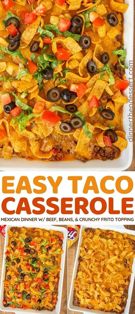 Taco Casserole is an easy, quick weeknight dinner with tons of Mexican flavor. #dinner #casserole #taco #fritos #weeknightdinner #mexicanfood #dinnerthendessert Taco Casseroles, Taco Casserole Bake, Mexican Ground Beef, Easy Taco Casserole, Taco Dishes, Dinner Then Dessert, Taco Dinner, Recipes Mexican, Taco Casserole