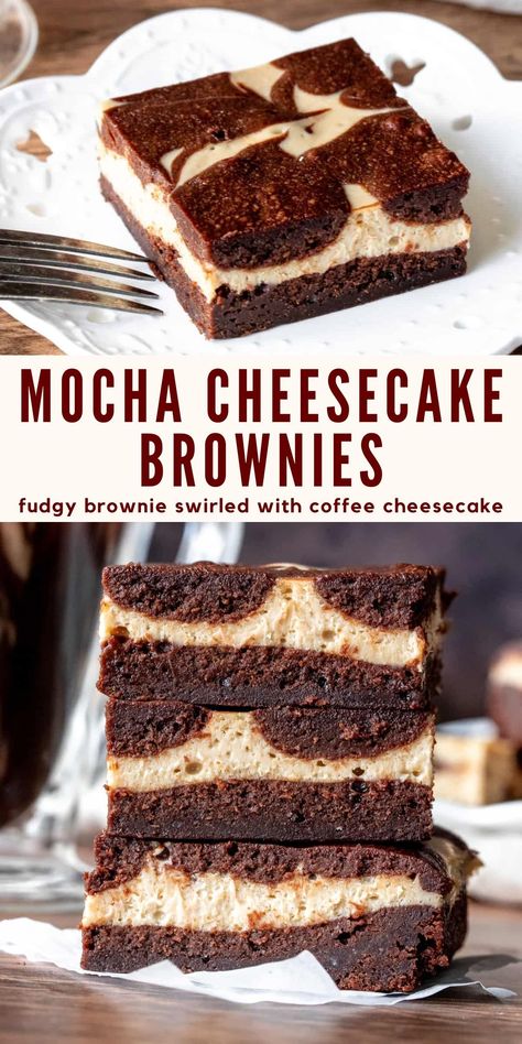 Coffee and brownies combine in these delicious mocha cheesecake brownies. You get an incredibly fudgy brownie swirled with coffee cheesecake for a decadent dessert #cheesecakebrownies #mochabrownies #mochacheesecake #coffeecheesecake from Just So Tasty https://www.justsotasty.com/mocha-cheesecake-brownies/ Making Cheesecake, Mocha Brownies, Mocha Cheesecake, Coffee Brownies, Coffee Cheesecake, Fudgy Brownie, Creamy Coffee, Fudge Brownie, Brownie Desserts