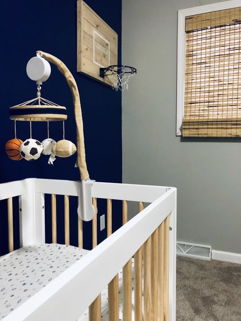 Baby Boy Sports Nursery Room Ideas, Sporty Nursery Ideas, Sneaker Themed Nursery, Basketball Nursery Theme, Modern Sports Nursery, Sport Nursery Ideas Boy, Neutral Sports Nursery, Boy Nursery Ideas Sports, Sports Baby Nursery