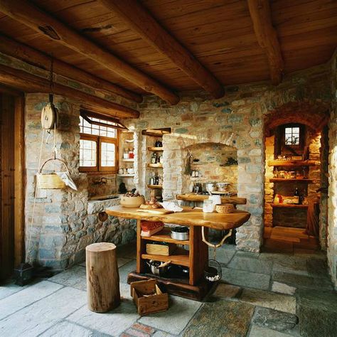 Traditional Stone House For A Way Of Life “Simple and Necessary” | Decoholic Stone House Interior, Stone Cottages Interior, Greece Design, Stone Tile Flooring, Old Stone Houses, Stone Cottages, English Country Decor, Kitchen Hanging, Cabin Kitchen