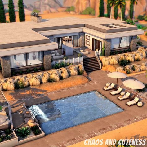 A modern home in the desert featuring a large pool with lounge area, hot tub and outdoor seating area with fireplace. Sims Oasis House, Sims 4 Modern Desert House, The Sims 4 Desert House, Vacation House Sims 4, Pool Ideas Sims 4, The Sims 4 Pool Ideas, Sims Pool Ideas, Sims 4 Swimming Pool, The Sims 4 Backyard Ideas