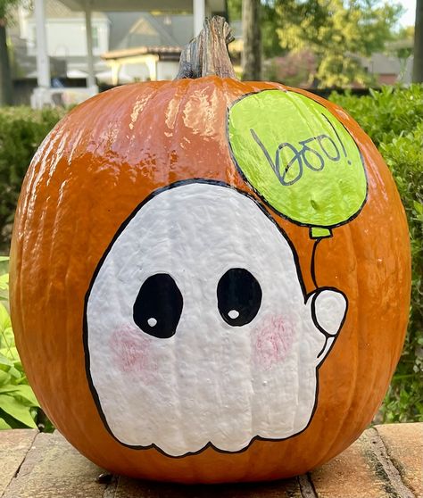 Easy Spooky Pumpkin Painting, Best Friend Pumpkin Painting Ideas, Ghost Pumpkin Painting Ideas, Pumkin Paintings Idea Cute, Ghost Pumpkin Painting, Halloween Pumpkin Painting Ideas, Halloween Pumpkin Painting, Painted Pumpkin Ideas, Pumpkins Painting