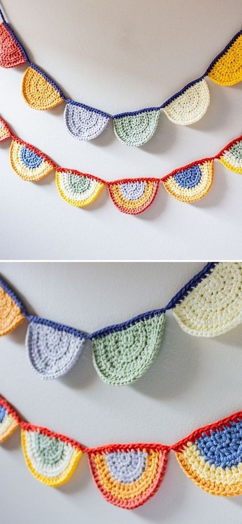 Decorative Crochet Bunting. Crochet bunting can be such incredibly colorful and fun to make! Rupinder kaur was inspired by marigold, that can come in a variety of colors such as orange, red, maroon, yellow, or even mixed! This bunting will make the best decoration for your summer party! #freecrochetpattern #bunting #garland Diy Crochet Garland, Crochet Bunting Free Pattern, Crochet Bunting Pattern, Bunting Crochet, Knitted Bunting, Home Crochet, Bunting Pattern, Decorative Crochet, Rainbow Bunting