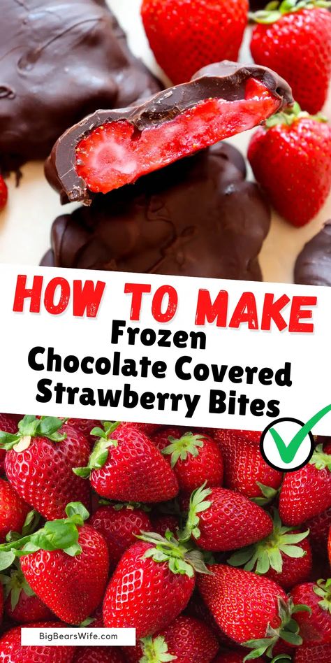 Frozen Strawberry Bites, Yogurt Covered Fruit Snacks, Healthy Indulgent Snacks, Frozen Strawberry Chocolate Dessert, Desserts With Strawberries And Chocolate, Frozen Chocolate Strawberries, Frozen Fruit Ideas What To Do With, Frozen Chocolate Covered Fruit, Strawberry Chocolate Bites