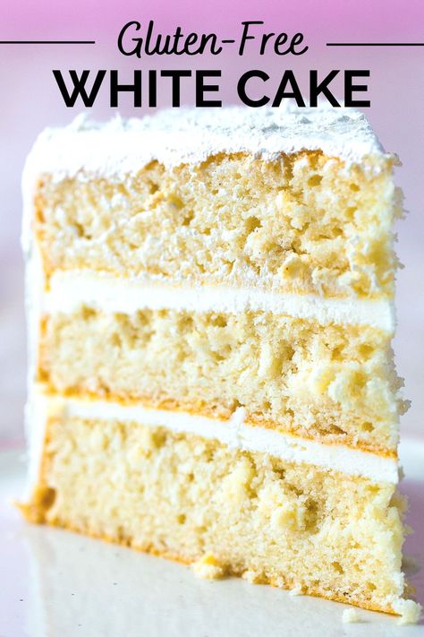 Slice of gluten-free white cake on a plate. Gf Vanilla Cake Recipe, Gluten Free White Chocolate Cake, Gluten Free Italian Cream Cake, Gluten Free Layer Cake, Best Gluten Free Vanilla Cake Recipe, Cake Recipe Using Cake Flour, Gluten Free White Cake Recipe, Gluten Free Yellow Cake Recipe, Gluten Free Cake Mix Recipes