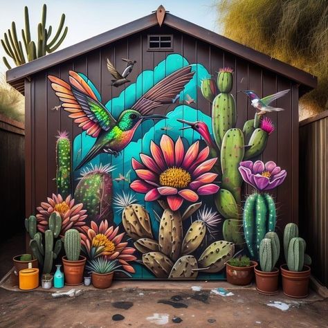 Cactus Mural Outdoor, Wall Murals Painted Outdoor Fence, Mexican Wall Murals Painted, Outdoor Wall Murals Backyards Flower, Garden Murals Ideas Wall Art Backyard, Kitchen Mural Ideas Paintings, Backyard Mural Ideas Garden, Garden Fence Mural, Outdoor Fence Painting Ideas