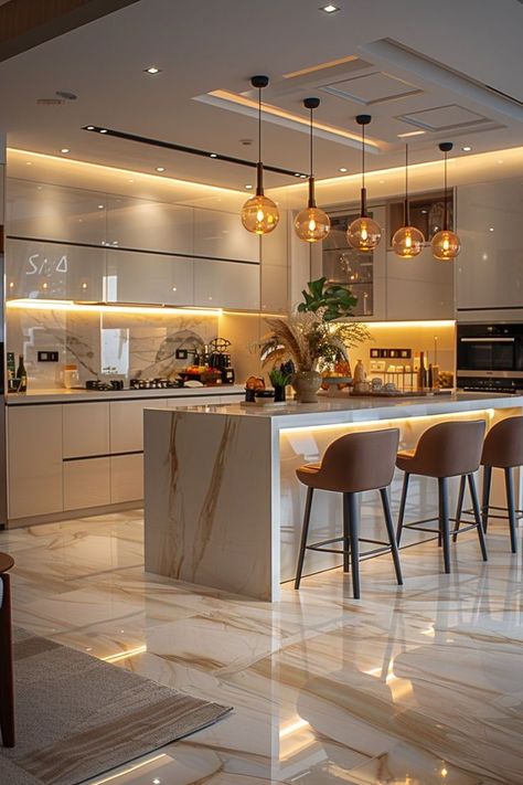 Modern Kitchen With Center Island, Modern Looking Houses, Modern Off White Kitchen, Dining Design Modern Luxury, Natural Style Kitchen, White Kitchen Ideas With Island, Dining Area Ceiling Design, Modern House Design Interior 2024, Kitchen Interior Island