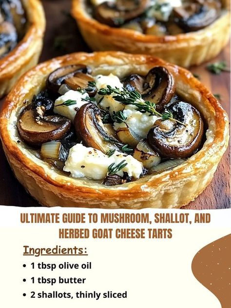 Recipes Own Pro - Ultimate Guide to Mushroom, Shallot, and... Mushroom Puff Pastry, Mushroom Shallot, Goat Cheese Tarts, Herbed Goat Cheese, Mushroom Tart, Savory Tarts, Puff Pastry Appetizers, Cheese Log, Goat Cheese Tart