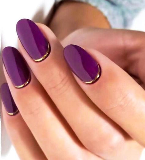 17 Trendy Round Nail Ideas for Fall 2023 - thepinkgoose.com Grape Color Nails Design, Dark Purple Manicure Ideas, Purple Nails Elegant, Dark Purple Oval Nails, Short Dark Purple Acrylic Nails Design, Purple Bridesmaid Nails, Purple Gold Nails Designs, Magenta And Gold Nails, Dark Violet Nails Designs