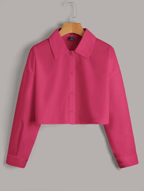 Pink Crop Shirt Outfit, Pink Shirt Outfit For Women, Peach Shirt Outfit, Hot Pink Shirt Outfit, Hot Pink T Shirt, Autumn Shirt Outfit, Pink Shirt Outfit, Blusas Crop Top, White Crop Blouse