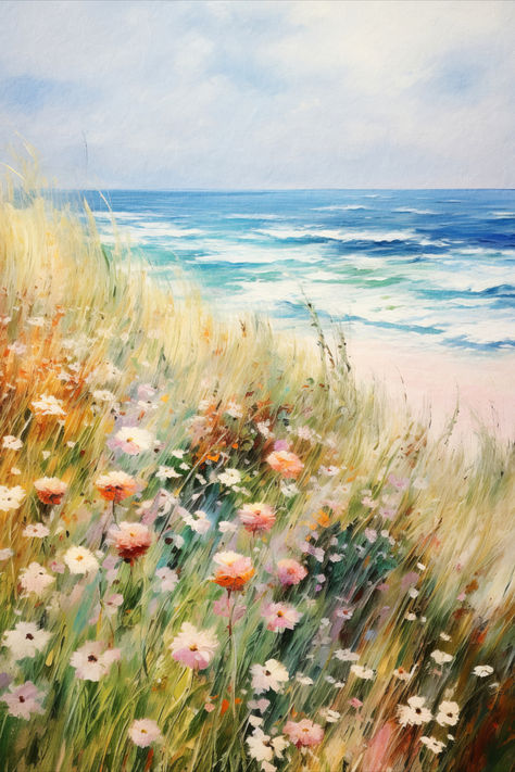 Coastal wildflowers growing alongside the beach as the waves crash. Beach Aesthetic Artwork, Coastal Wildflowers, Coastal Images, Beach Plants, Coastal Flowers, Dorm Prints, Wildflowers Painting, Home Decor Eclectic, Aesthetic Beachy