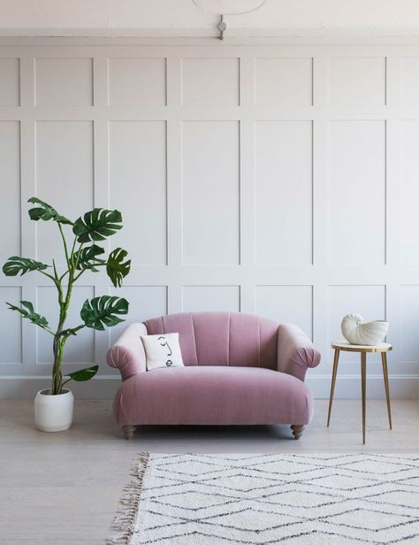 Snuggle Seat, White Wall Paneling, Velvet Furniture, Pink Living Room, Shell Chair, Interiors Dream, Condo Living, Sofa Upholstery, Cozy Space