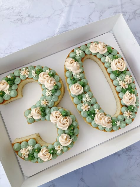 Green 30th Birthday Cake, Green 21st Birthday Cake, Sage Green And White Cake, 30 Birthday Cakes For Women, Number 30 Birthday Cake, Green Number Cake, 30 Number Cake, Number Cake 30, Floral Number Cake