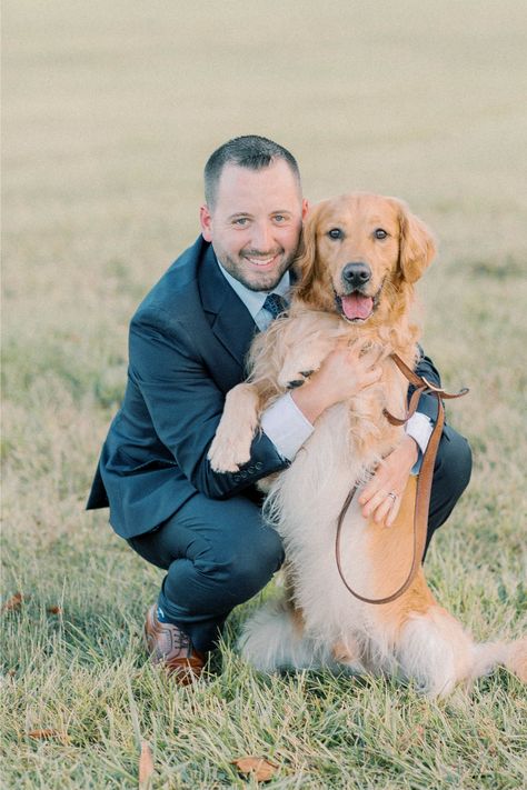 Groom with his golden retriever dog on the wedding day Bride Reception Dress, Signature Cocktail Sign, Cricut Wedding, Bridesmaid Attire, Groom And Groomsmen Attire, Family Heritage, Bride Accessories, Dogs Golden Retriever, Groomsmen Attire