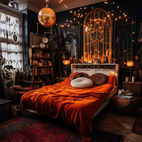 Dark Orange Room Aesthetic, Midnight Room Aesthetic, Orange Whimsigoth, Rustic Orange Bedroom, Whimsigoth Home Decor, Moody Rooms Inspiration, Whimsigoth Apartment, Dark Bohemian Bedroom, Moody Cozy Bedroom