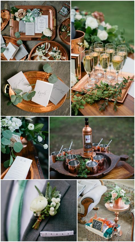 Wedding Colors Green, Copper Wedding Theme, Copper Wedding Colors, Copper Wedding Decor, Wedding Copper, Green Wedding Decorations, Gray Wedding Colors, Mule Mugs, Green Wedding Inspiration